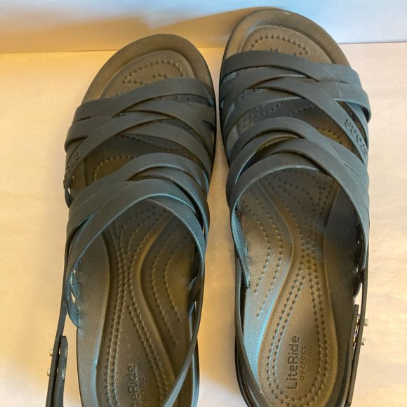 Black Crocs Strappy Sandals LiteRide Platform Women's 11 Comfortable Wedge Soft - Picture 4 of 7